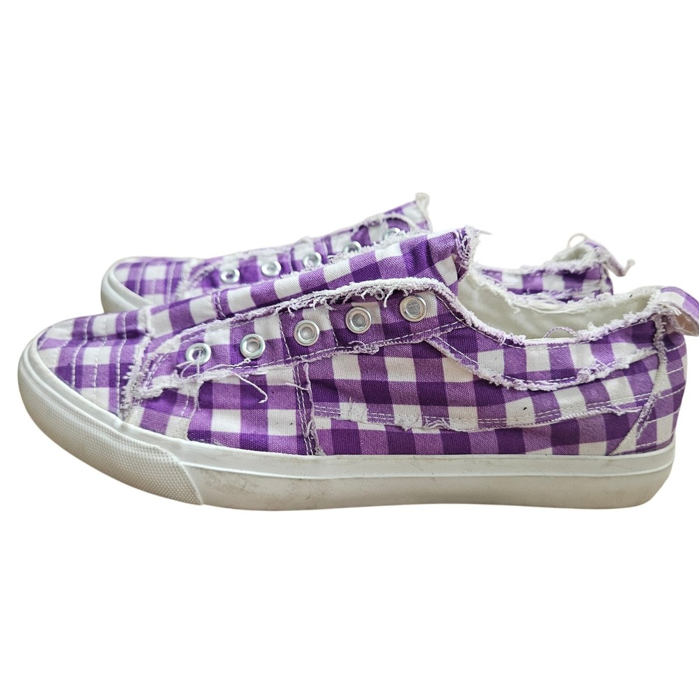 Corkys Abalu 10 Purple Gingham Canvas Slip On Sneakers Frayed Distressed Size 10